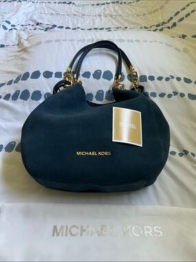 Michael Kors Lillie Large Chain Navy Suede Hobo with Gold Hardware